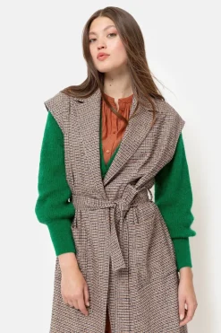 Online Beige-Bruin Geruite Mouwloze Dames Mantel Dames Jassen & Blazers