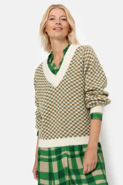 Cheap Beige-Bruin Geruite Pull Met V-Hals En Pofmouwen Dames Truien & Cardigans