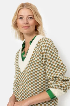 Cheap Beige-Bruin Geruite Pull Met V-Hals En Pofmouwen Dames Truien & Cardigans
