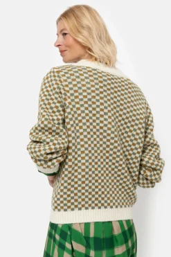 Cheap Beige-Bruin Geruite Pull Met V-Hals En Pofmouwen Dames Truien & Cardigans