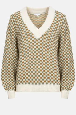 Cheap Beige-Bruin Geruite Pull Met V-Hals En Pofmouwen Dames Truien & Cardigans