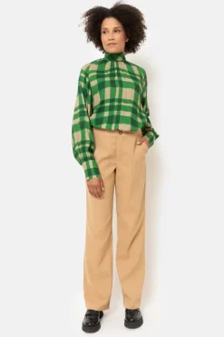 Hot Bruin Geruite Blouse Met Striklint Dames Blouses