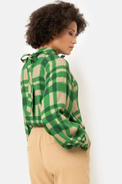 Hot Bruin Geruite Blouse Met Striklint Dames Blouses