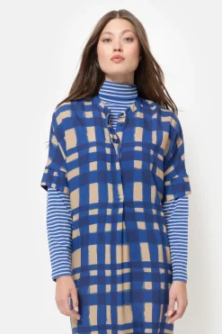 Cheap Bruin Geruite Midi-Jurk Met Korte Mouwen Dames Jurken