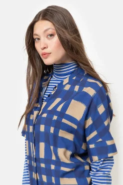 Cheap Bruin Geruite Midi-Jurk Met Korte Mouwen Dames Jurken