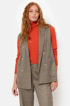 Online Bruin Geruite Mouwloze Double-Breasted Blazer Dames Jassen & Blazers
