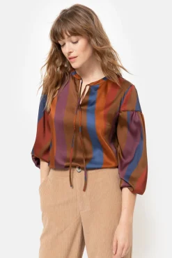 Best Sale Bruin Gestreepte Blouse Met Lange Mouwen Dames Blouses