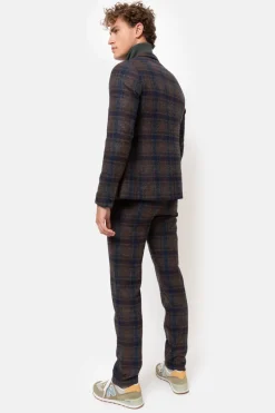 Cheap Bruine Slim Fit Heren Chino Met Blauwe Ruiten Heren Broeken