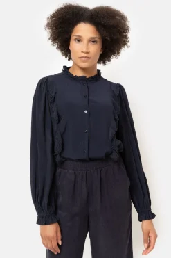 Best Sale Donker E Blouse Met Franjes En Broderie Dames Blouses