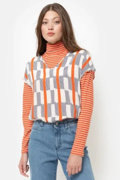 Best Sale Ecru Top Met Korte Mouw, Blauwe Strepen Dames Blouses