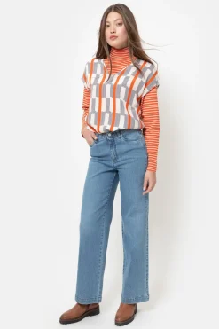 Best Sale Ecru Top Met Korte Mouw, Blauwe Strepen Dames Blouses