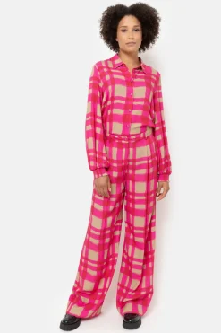 Best Fuchsia-Bruin Geruite Blouse Met Smock Mouwen Dames Blouses