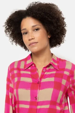 Best Fuchsia-Bruin Geruite Blouse Met Smock Mouwen Dames Blouses