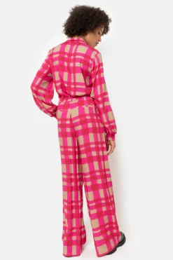 Best Fuchsia-Bruin Geruite Blouse Met Smock Mouwen Dames Blouses