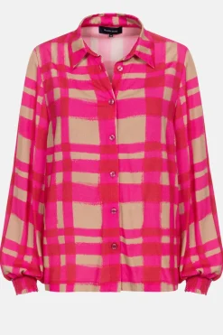 Best Fuchsia-Bruin Geruite Blouse Met Smock Mouwen Dames Blouses
