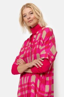 Cheap Fuchsia-Bruin Geruite Midi-Jurk Met Korte Mouwen Dames Jurken