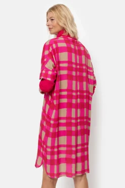 Cheap Fuchsia-Bruin Geruite Midi-Jurk Met Korte Mouwen Dames Jurken