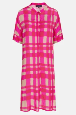 Cheap Fuchsia-Bruin Geruite Midi-Jurk Met Korte Mouwen Dames Jurken