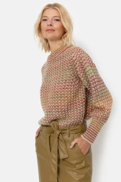 Outlet Gebreide Beige Pull Met Bruin-Groene Strepen Dames Truien & Cardigans