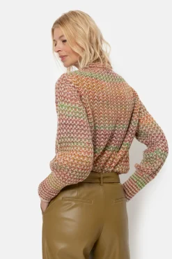 Outlet Gebreide Beige Pull Met Bruin-Groene Strepen Dames Truien & Cardigans