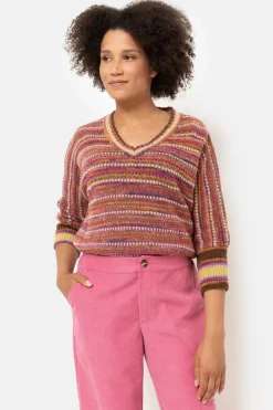 Hot Gestreepte Roze Pull, V-Hals En 3/4 Mouwen Dames Truien & Cardigans