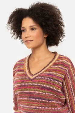 Hot Gestreepte Roze Pull, V-Hals En 3/4 Mouwen Dames Truien & Cardigans