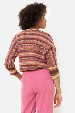 Hot Gestreepte Roze Pull, V-Hals En 3/4 Mouwen Dames Truien & Cardigans
