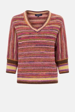 Hot Gestreepte Roze Pull, V-Hals En 3/4 Mouwen Dames Truien & Cardigans