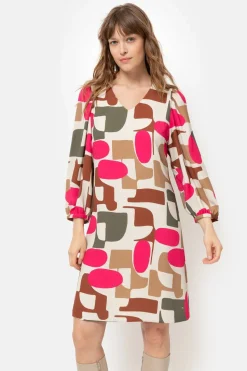 Fashion Korte Beige Jurk Met Fuchsia-Bruine Retroprint Dames Jurken