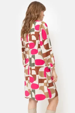 Fashion Korte Beige Jurk Met Fuchsia-Bruine Retroprint Dames Jurken