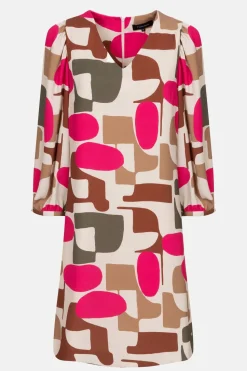 Fashion Korte Beige Jurk Met Fuchsia-Bruine Retroprint Dames Jurken