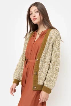 Clearance Korte Groen-Beige Cardigan Met Effen Boorden Dames Truien & Cardigans