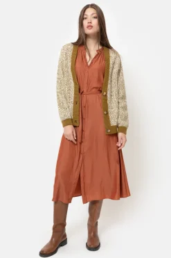 Clearance Korte Groen-Beige Cardigan Met Effen Boorden Dames Truien & Cardigans