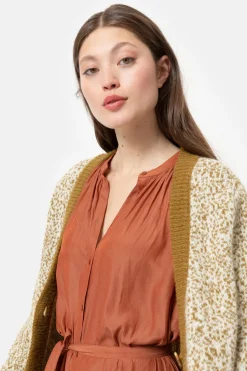 Clearance Korte Groen-Beige Cardigan Met Effen Boorden Dames Truien & Cardigans