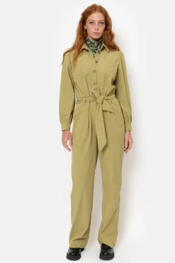 Best Sale Olijfgroene Velours Jumpsuit Met Lange Mouwen Dames Broeken & Jeans