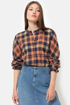 Discount Oranje-Blauw Geruite Blouse Met Franjes Dames Blouses